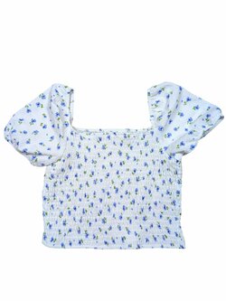 Crop bílé triko s nabíranými rukávy a kytičkami secondhand