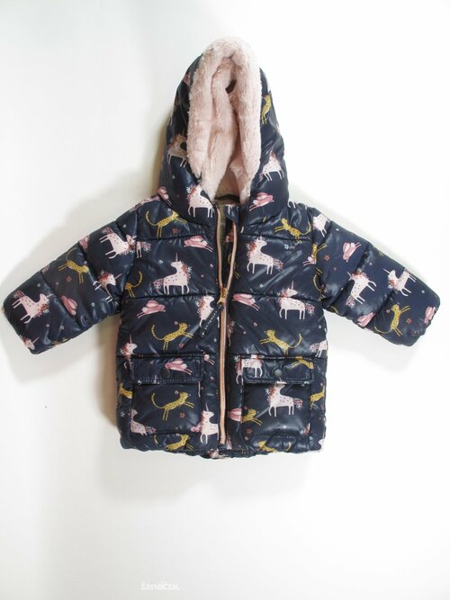 Zimní modrá bunda s obrázky pro holky secondhand