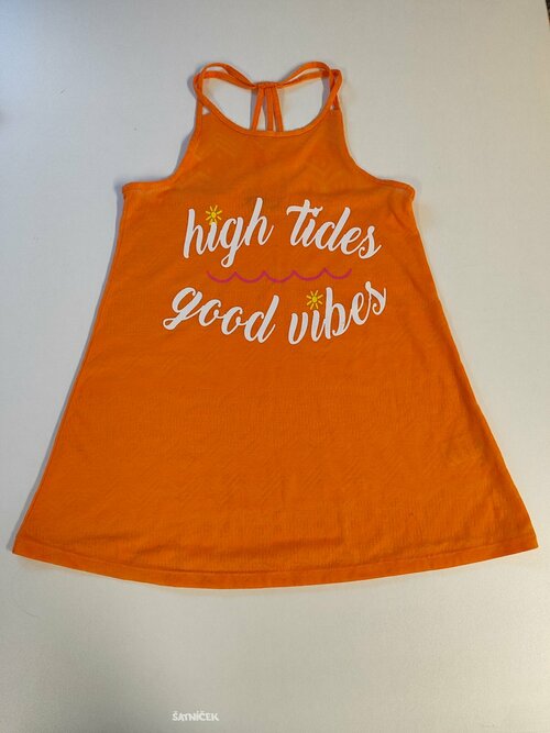 Letní šaty oranžové s nápisem na ramínkách secondhand