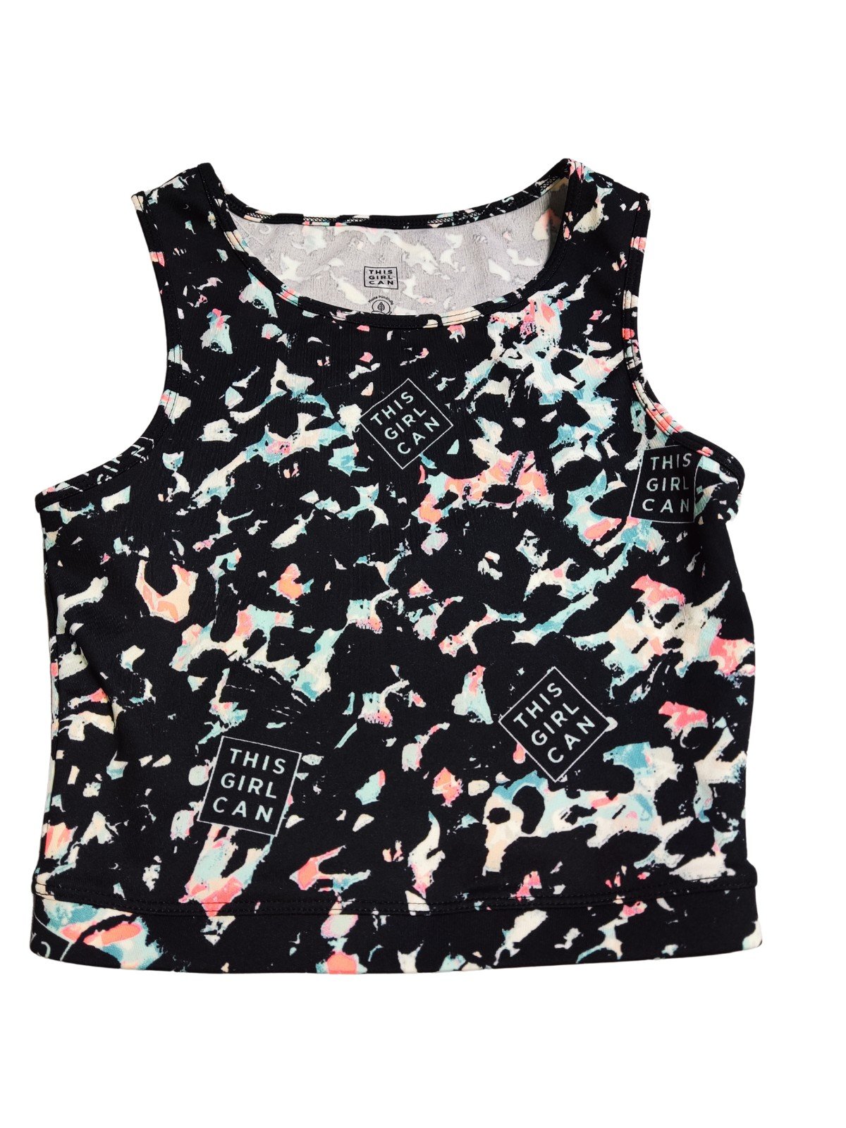 Crop tílko pro holky černé se skvrnami a nápisy secondhand