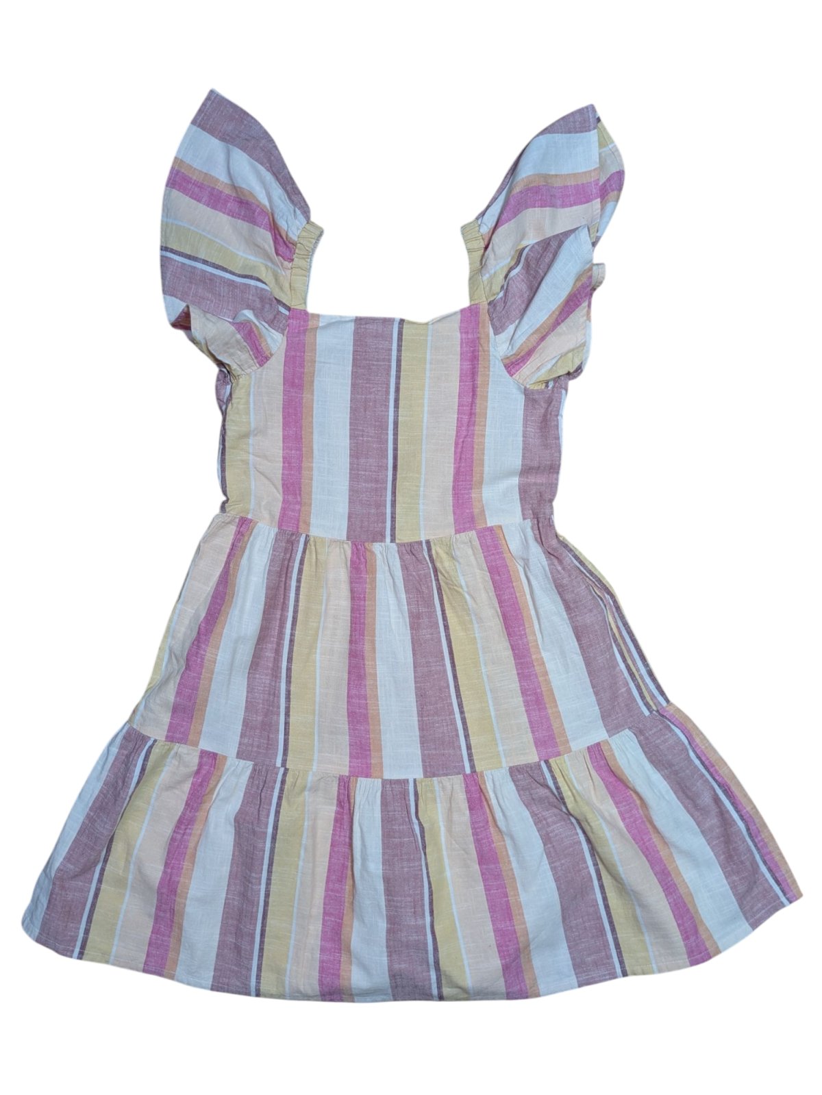 Pruhované barevné šaty s volánkovými rukávy secondhand