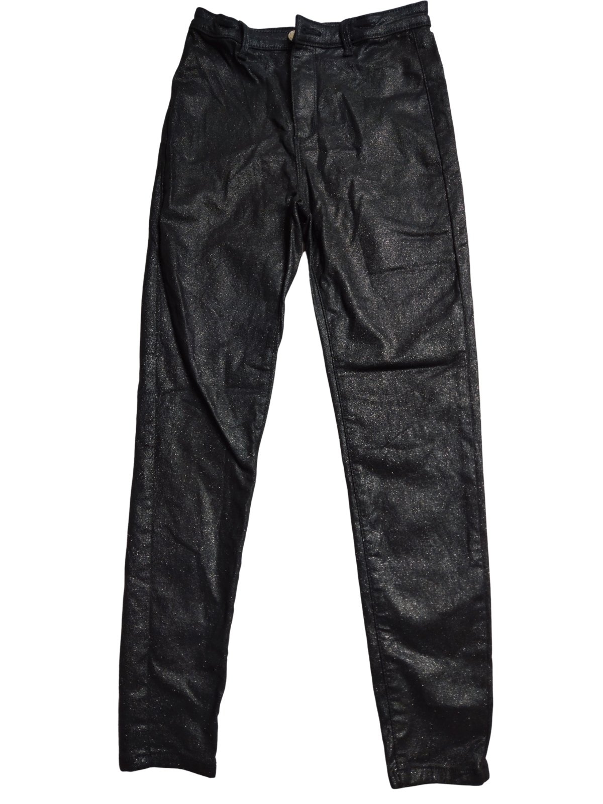 Koženkové kalhoty černé třpytivé pro holky secondhand River Island